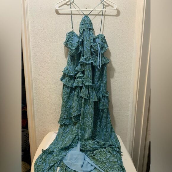 Cinq à Sept Rayner Dress Ruffle Blue Printed Halter Midi Cocktail Party Size - Picture 4 of 8